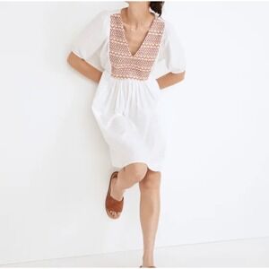 Madewell‎ Embroidered V-Neck Mini Dress Large White Poplin Cottagecore Boho